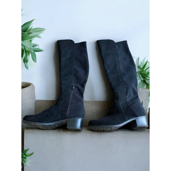 Black Suede Knee High Boots Size 8M Block Heel Riding Tall Zip Goth Twilight - Picture 1 of 13